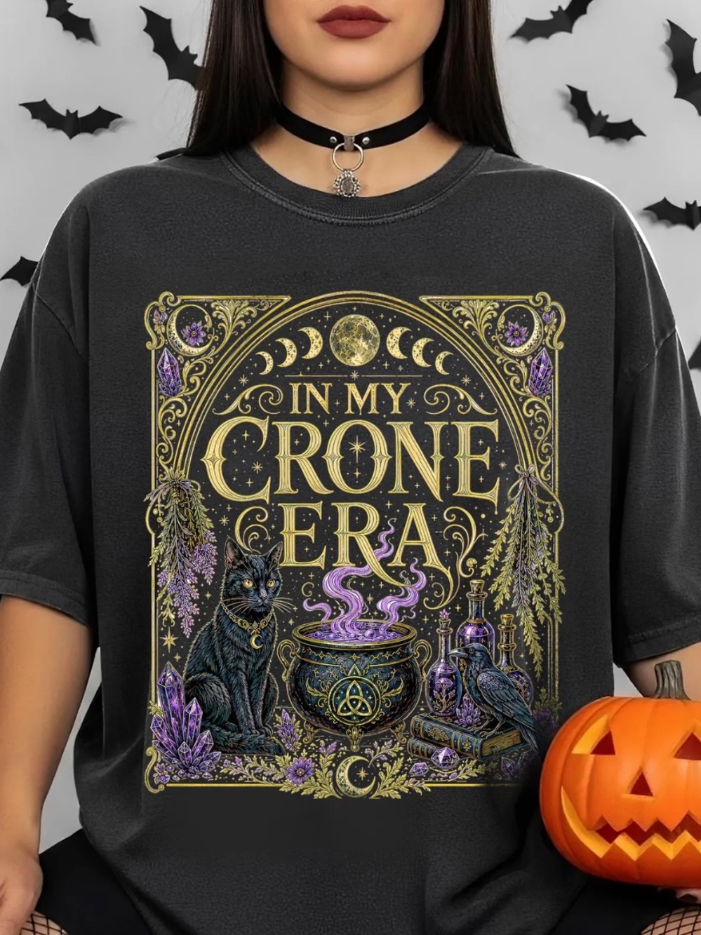 In My Crone Era Graphic Tee — Black with Gold & Purple